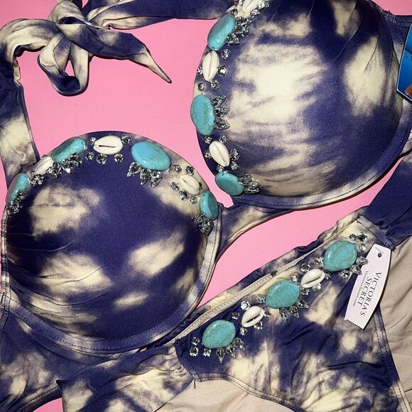 Victoria's Secret 34C BOMBSHELL BIKINI Purple beige tie dye EMBELLISHED Shell - Picture 2 of 3